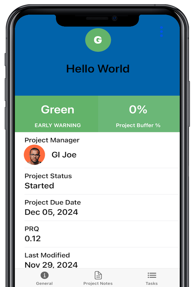 Exepron mobile native interface is a project management application for on-site remote access to project health and performance metrics. - At-a-glance status updates (buffer usage, risk, deadlines). - Accessibility for project managers on the go. - Simple navigation for managing tasks, notes, and project details. Displaying high-level project information. - Project Notes: Provides a space for documenting updates or key project decisions. - Tasks: Probably a detailed breakdown of tasks assigned or in progress for this project.